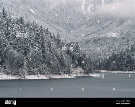 The Capilano Lake surrounded by a beautiful snowy winter landscape at ...
