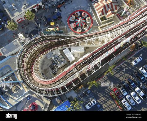Aerial view of iconic Giant Dipper roller coaster in Belmont Park, an ...