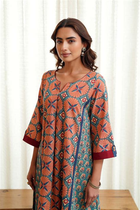 Long Length A-Line Kurta In Peach/Teal Blue Color | Cotras