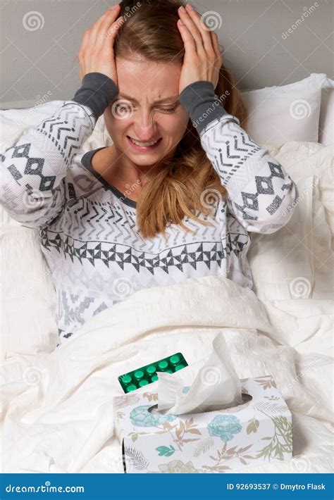 Sick, Woman Cold, Flu, High Fever and Headache Stock Image - Image of fever, ache: 92693537