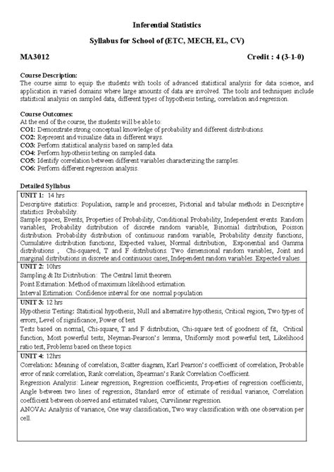 Syllabus for Inferential Statistics (MA3012) - Detailed Course Outline ...