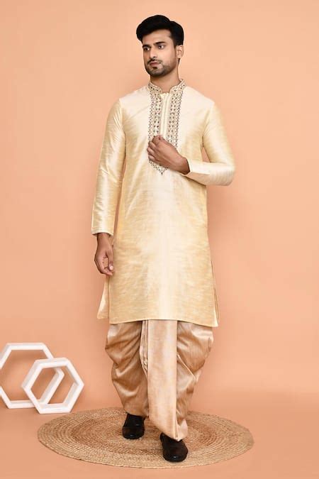 Buy Beige Silk Embroidery Floral Placket Kurta With Dhoti Pant For Men ...