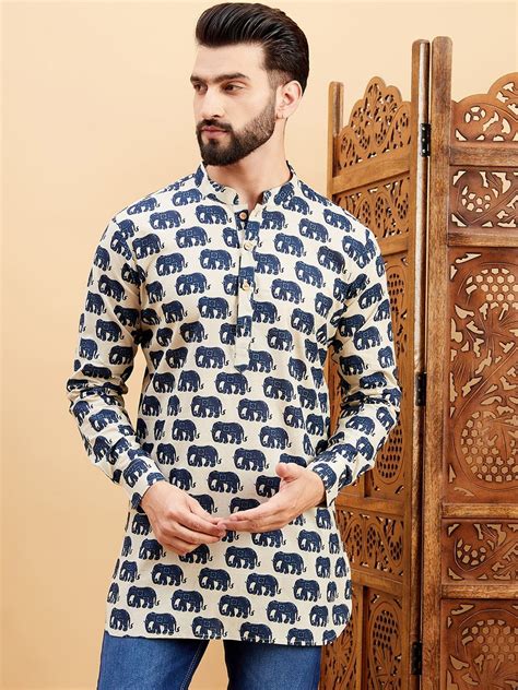 Blue Ethnic Motifs Printed Mandarin Collar Cotton Curved Thread Work K ...