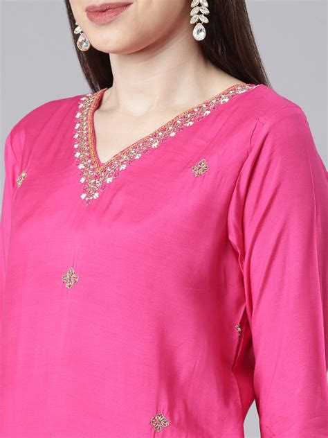 Neerus Pink Solid Cotton Straight Suit Set - Kurta + Trouser + Dupatta ...