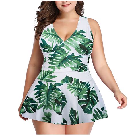 WREESH Womens Plus Size Swim Dress Plus Size Fashion Print Swimsuit ...