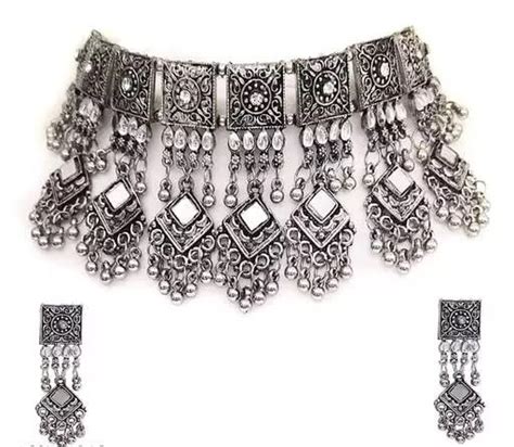 Molika Kundan Work Oxidised Mirror Silver Jewellery set for Girls and ...
