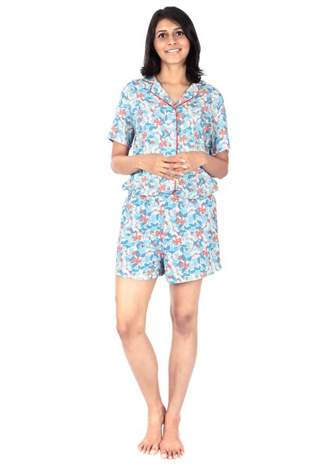 Get Aqua Floral Printed Shorts Nightsuit Set at ₹ 999 | LBB Shop