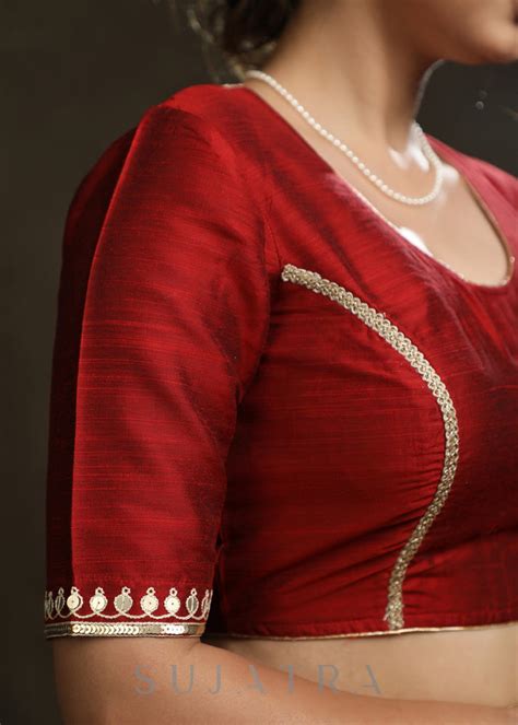 Graceful Hand Embroidered Maroon Cotton Silk Blouse – Sujatra