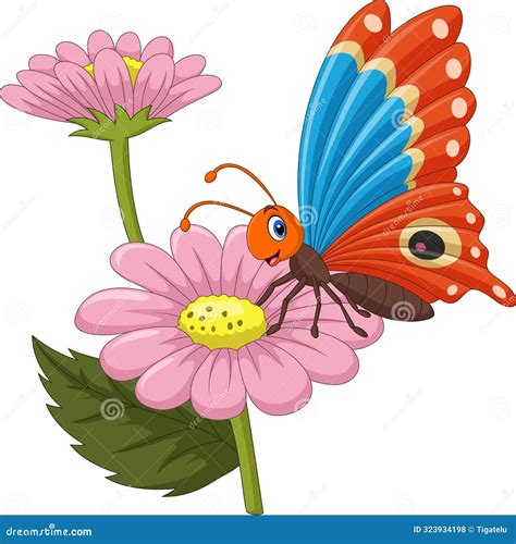 Cartoon Colorful Butterfly on a Pink Flower Stock Vector - Illustration ...