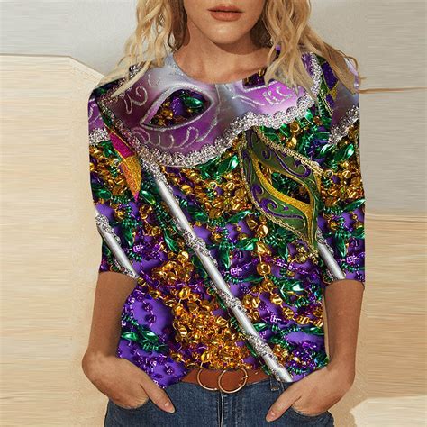 Lilgiuy Mardi Gras Outfit for Women Dressy 3/4 Sleeve Shirts 2024 ...