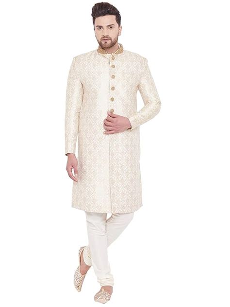 Buy VASTRAMAY Men's Beige And Gold Silk Blend Sherwani Set ...