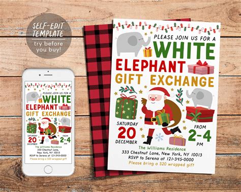 White Elephant Gift Exchange Invitation Editable Template, Christmas X – Puff Paper Co