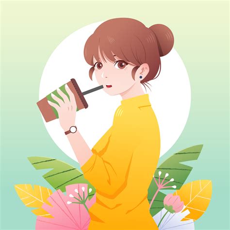 手拿奶茶杯的少女卡通素材下载-欧莱凯设计网