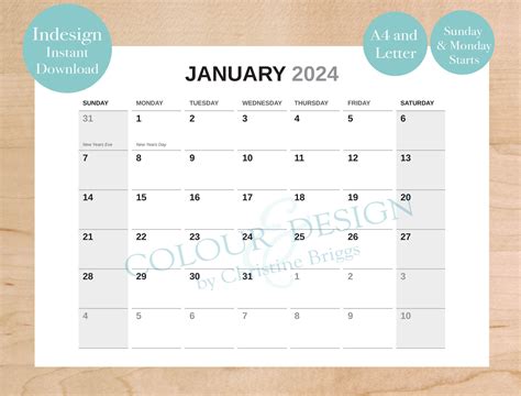 Calendar Template Indesign 2024 | Printable Calendar 2025