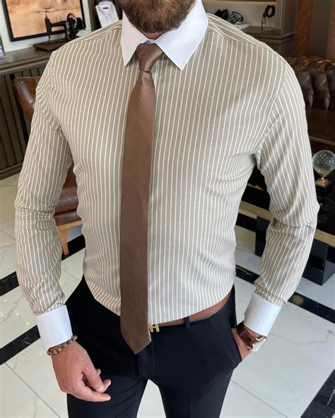Men Shirts Pinstripe Brown Shirts for Men Button Shirts Men Dress ...