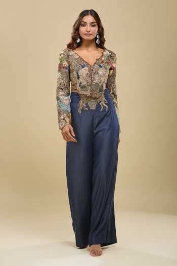 Buy Blue Embroidery V-neck Jacket And Flared Pant Set For Women by ...