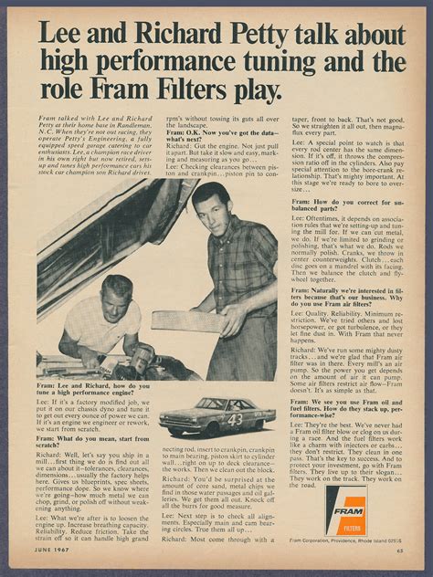 Купить Печатная реклама Fram Filters Richard Petty Lee Petty Vintage Magazine Ad 1967 в интернет ...