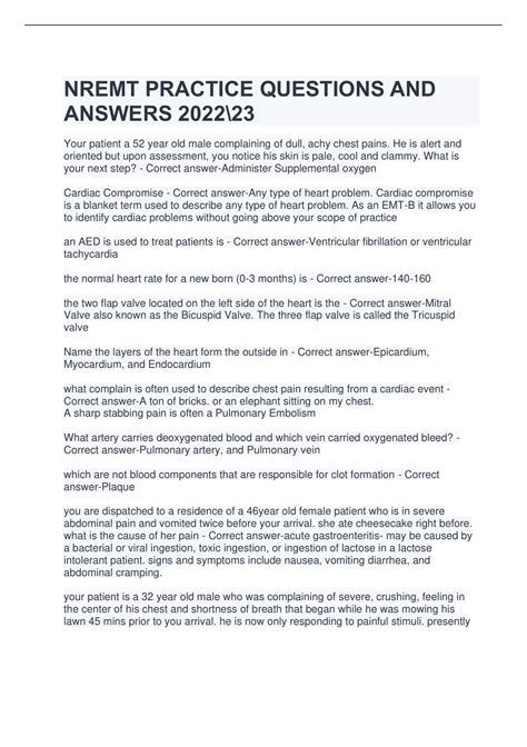 NREMT PRACTICE QUESTIONS AND ANSWERS 2022-23 - NREMT - Nationally ...