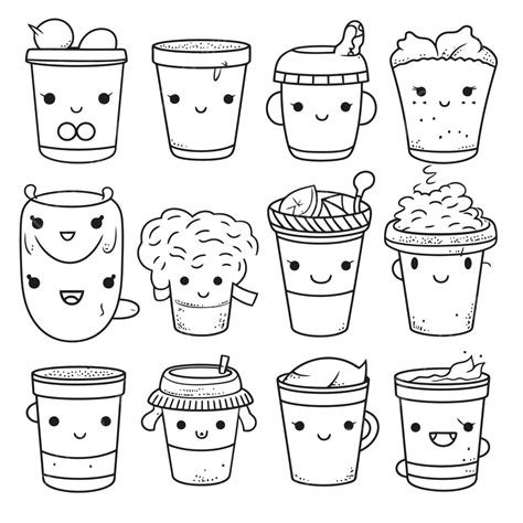 Collection Of Different Types Of Cute Kawaii Coffee Design Set Outline Sketch Drawing Vector ...