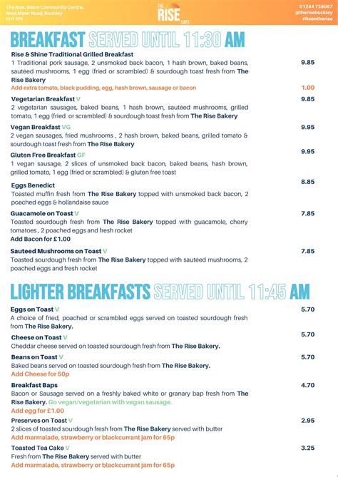 Menu at The Rise cafe, Buckley