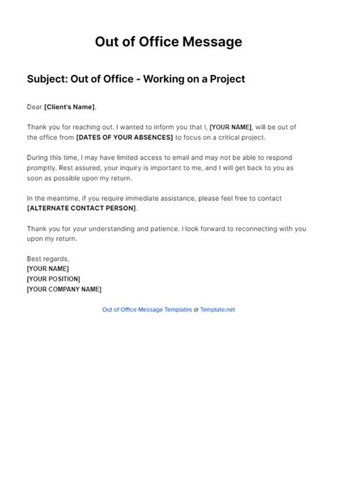 Free Out Of Office Message For Part Time Workers Template to Edit Online