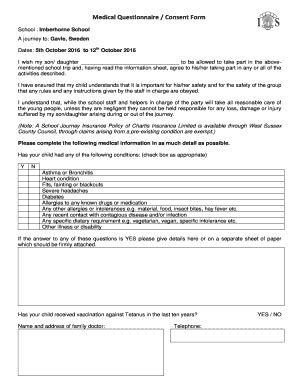 Fillable Online imberhorne w-sussex sch Medical Questionnaire / Consent ...