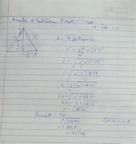 The altitude of an equilateral triangle is 7.4 meters long. Find the ...