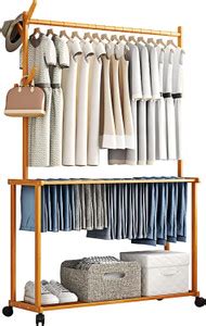 ADA Premium Bamboo Clothes Hanging Rail, Garment Rack with 2 Shelves ...