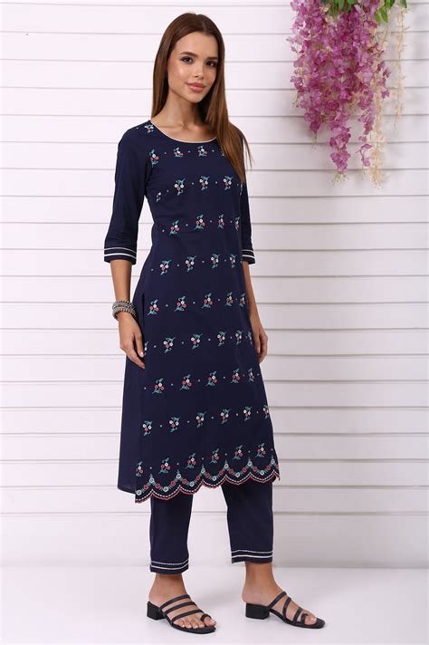 Buy Navy Blue Embroidered Pure Cotton Straight Kurta and Palazzo Co-ord ...
