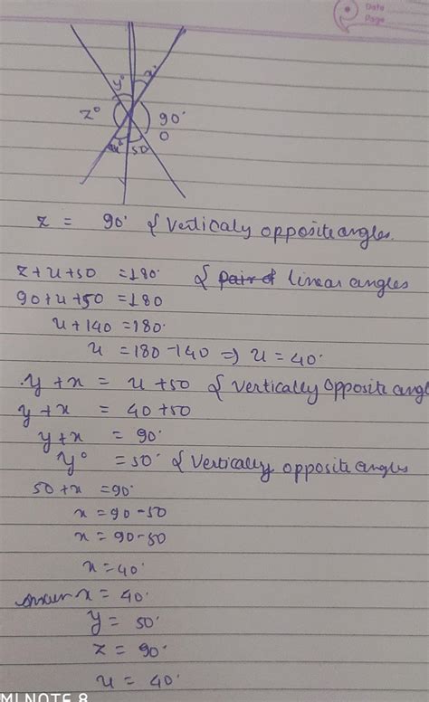 in adjoining figure, three lines intersect at O. find the values of x,y ...