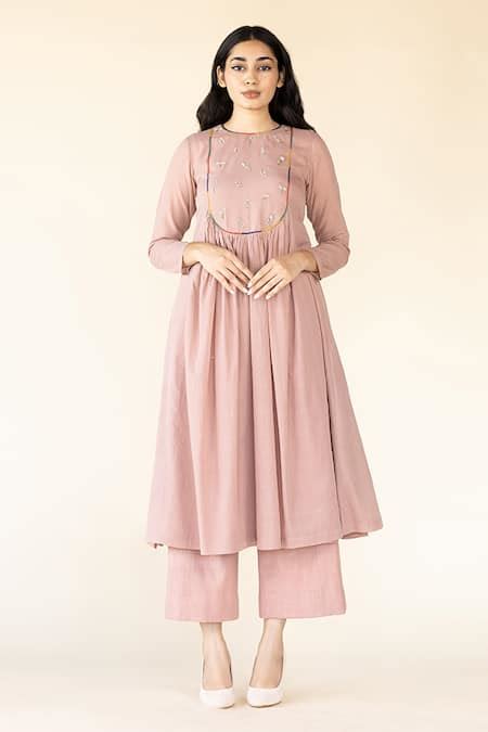 Buy Pink Embroidery Round Neck Gathered Tunic For Women by Purvi Doshi ...