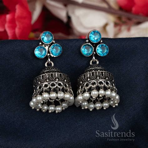 Oxidised Pearl Beaded Jhumka Earrings - Sasitrends
