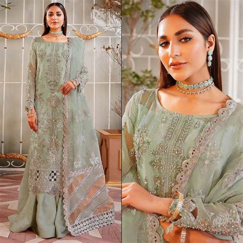 Green Floral Sequins Embroidered Organza Semi Stitched Pakistani Suit