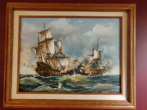 Original Oil Painting Galleon Ships At Battle Framed Signed J. Harvey 16" x 12" | #2026269527