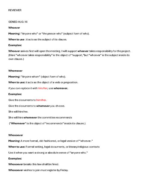 REVIEWER GENED: Understanding Whoever, Whomever, and Whosoever - Studocu