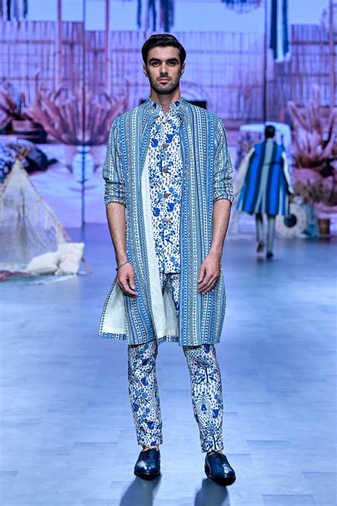 SVA By Sonam and Paras Modi Menswear - Blue Bohot Stripe Print Bandi ...