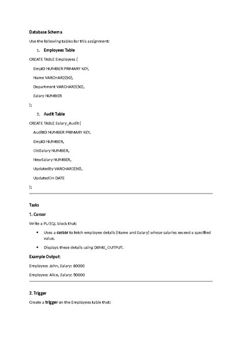 PLsql cursor, procedure,trigger - Database Schema Use the following ...