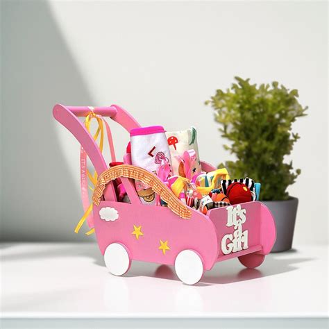 Wooden Pram Hamper for Newborn Baby Girl (0-12months) - Little Surprise Box