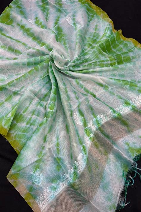 Beautiful Tie & dye Chanderi Dupatta with Hand Lucknowi Chikankari Emb ...