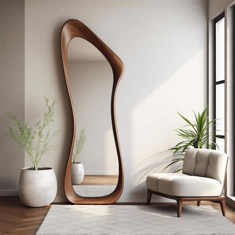 Asymmetrical Walnut Full Length Mirror, Irreglar Wooden Mirror, Mid ...