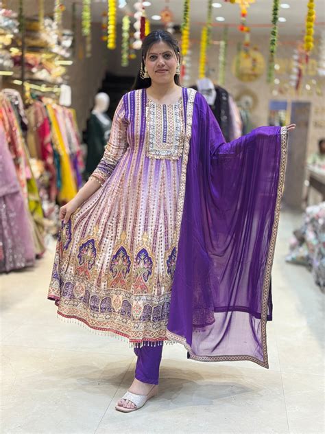 PREMIUM CREPE PURPLE AND IVORY DIGITAL ANARKALI – Arsh Wardrobe Collection