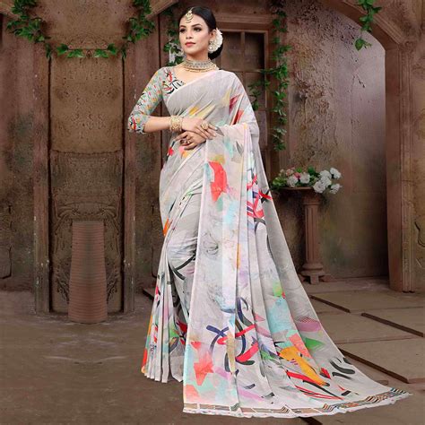 Grey Digital Printed Georgette Saree
