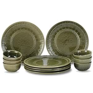 Bodhi House Handcrafted Emboss Stoneware Ceramic Dinner Set, 12 Pieces ...