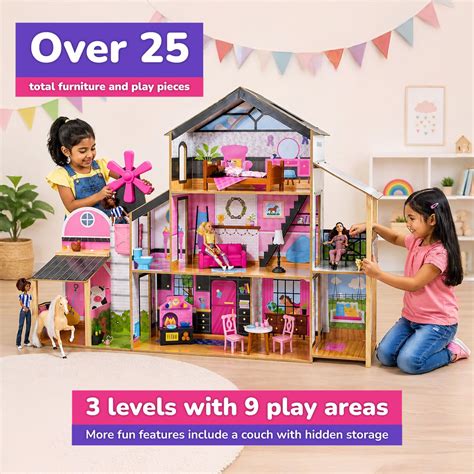 2-in-1 Barn & Dollhouse playset Wooden large dollhouse for kids play ...
