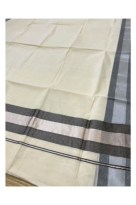Pure Cotton Kerala Saree with Silver Kasavu and Black Line Border ...