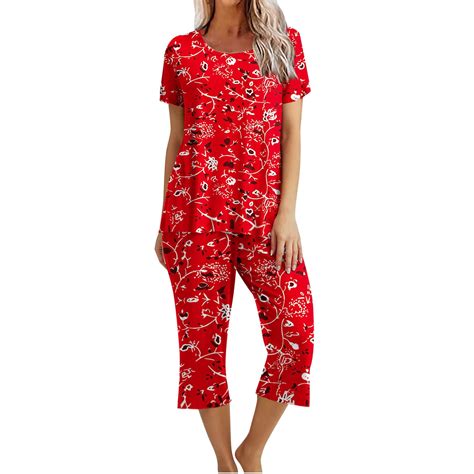 Dyegold Pajama Sets For Women Soft 2 Pieces Outfit Short Sleeve Round ...