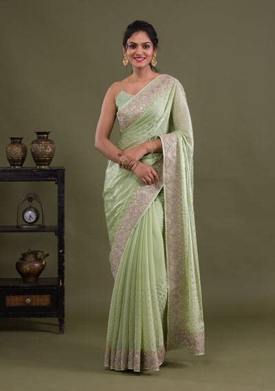 Buy Pista Green Stonework Satin Saree - Koskii
