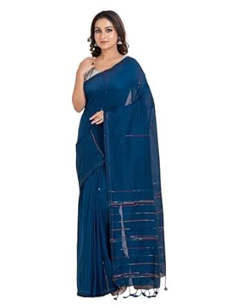 Buy DURGA HANDLOOMS Bengal Handloom Cotton Ikkat Striped Saree, Blue at ...