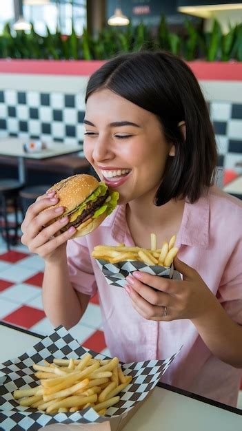 Portrt of happy cheerful young woman eating burger fast food and french ...