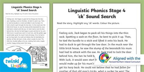 Linguistic Phonics Stage 4 'ck' Story Search Activity Sheet